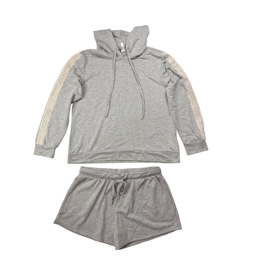Flora by Flora Nikrooz Grey Lace Trim Hoodie Lounge Set Shorts Pajamas L 14/16